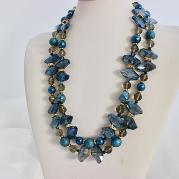 Royal Blue Crystals Pearls Statement Necklace Two Strand Sapphire Gold Rhineston - Picture 6 of 10